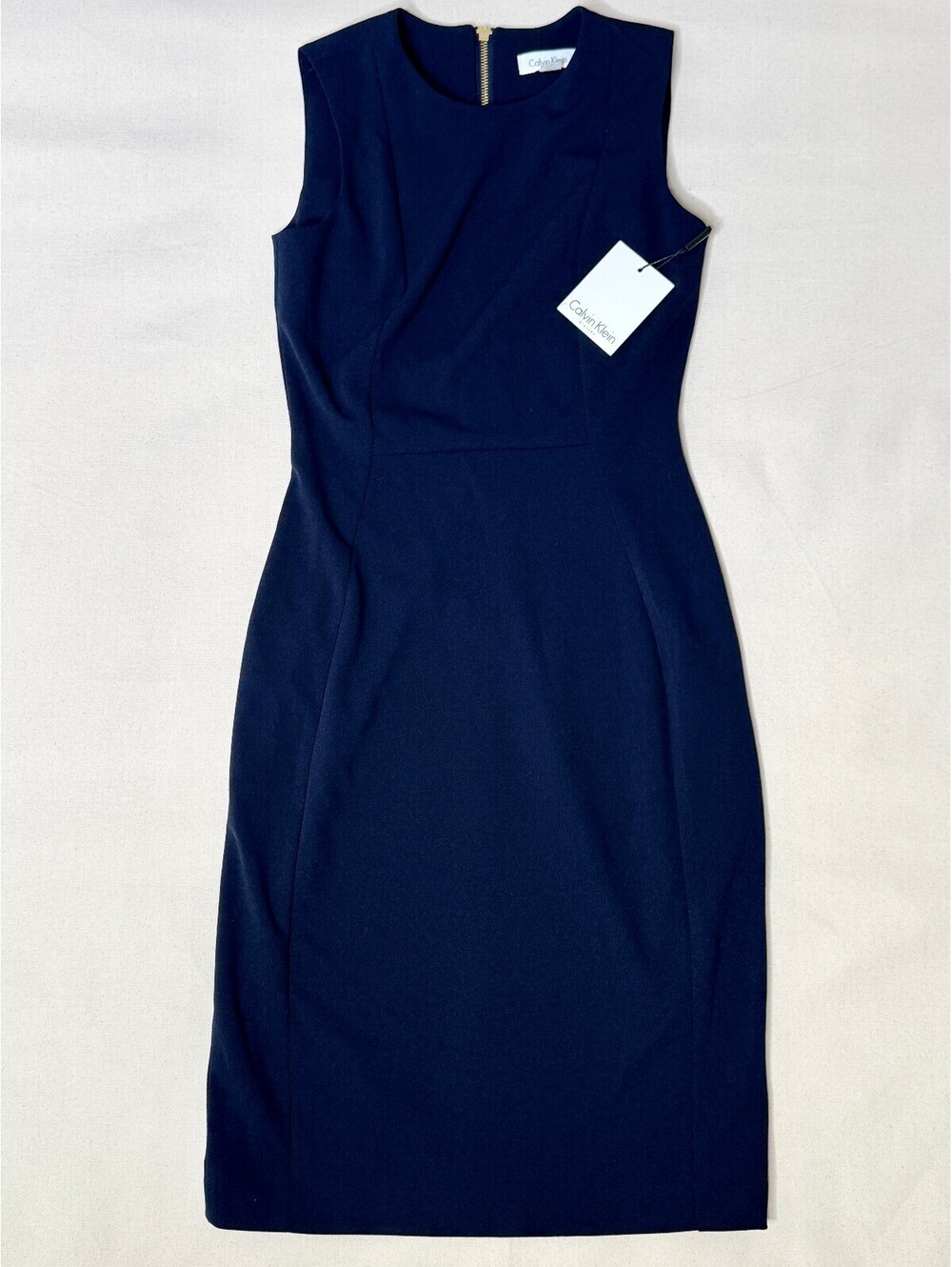 Calvin Klein Navy Sheath Dress Size 2 NWT Gold Zip Sleeveless Career